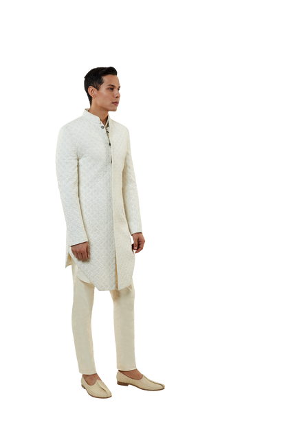 Men's MC 521 White Short Sherwani With Pants - Available at MashalCouture.com