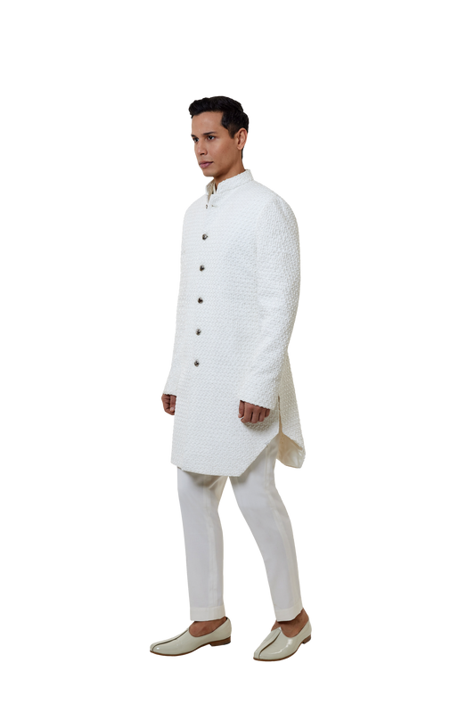 MC 519 White Short Sherwani With Pants - Mashal Couture