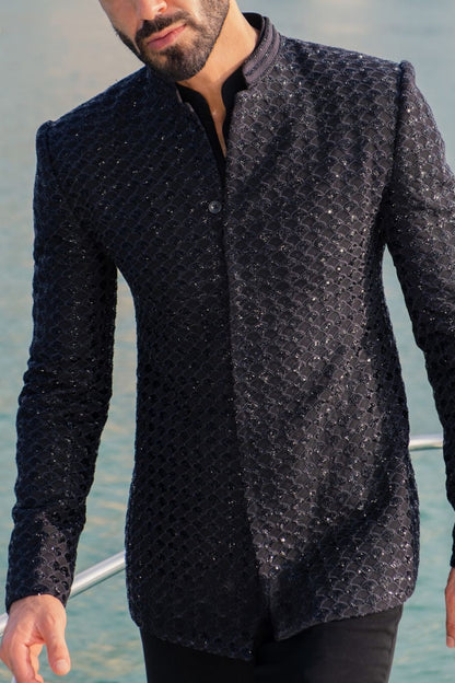 Elegant MC 113 Black Embroidery Prince Coat for Men - MashalCouture.com