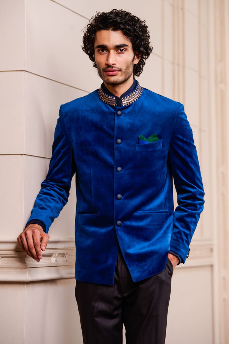 Luxurious MC 126 Royal Blue Velvet Prince Coat Pant Ensemble - Elegant Men's Formal Wear