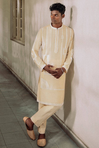 MC KP 29 Beige With White Embroidery Kurta Pajama For Men
