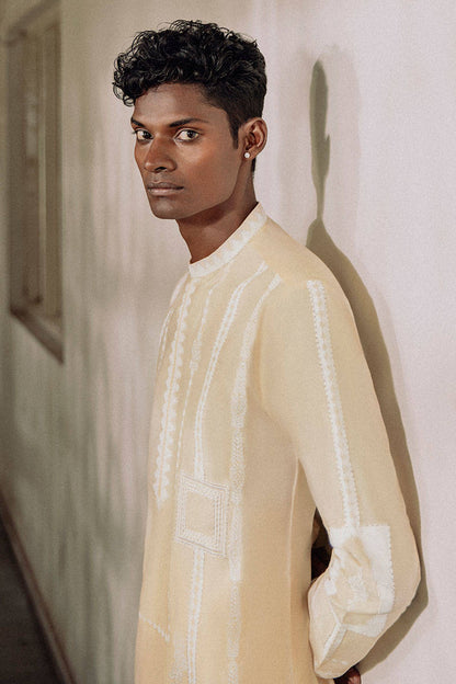 MC KP 29 Beige With White Embroidery Kurta Pajama For Men