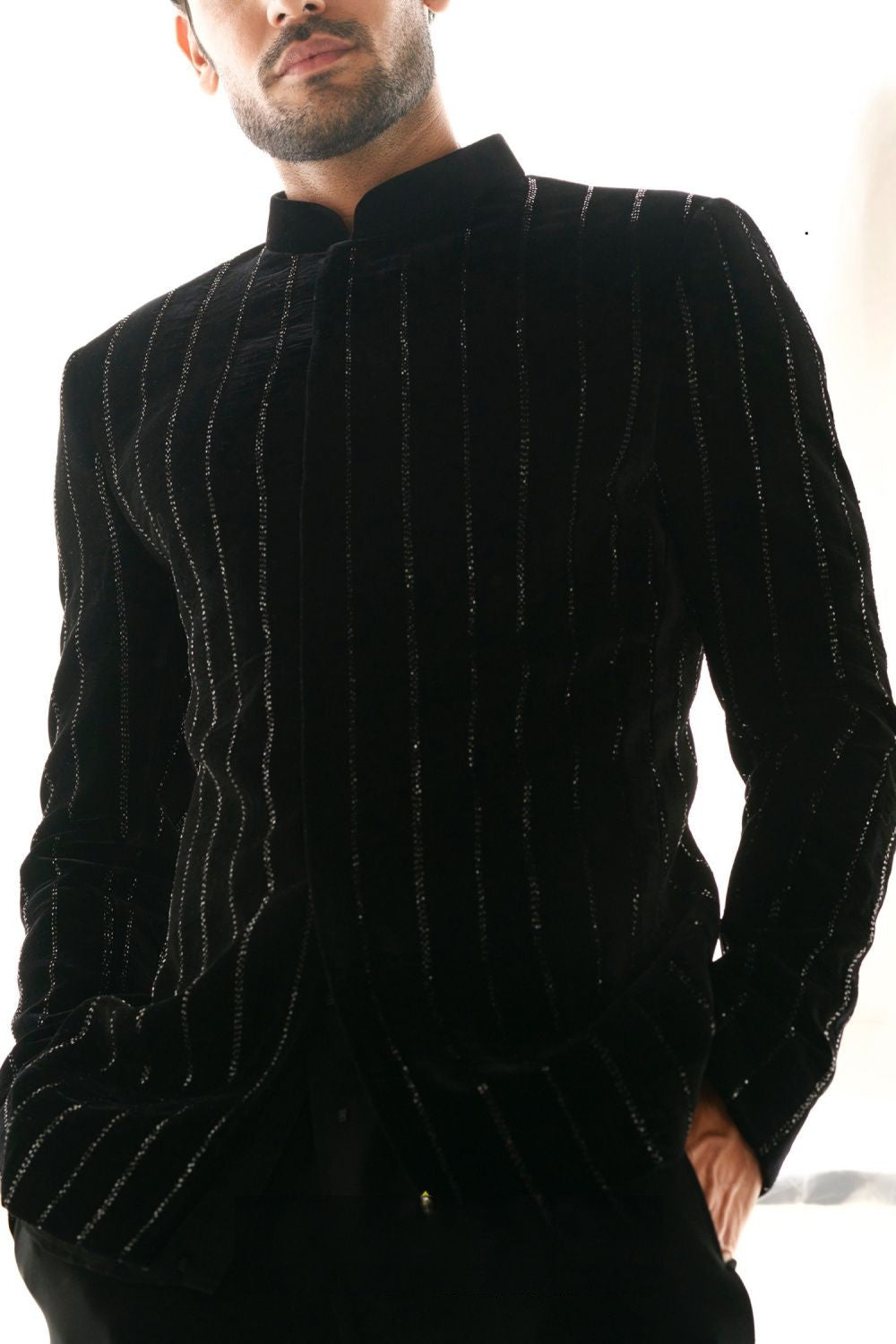 Men's MC 112 Black Cutdana Embellished Prince Coat - Available at MashalCouture.com