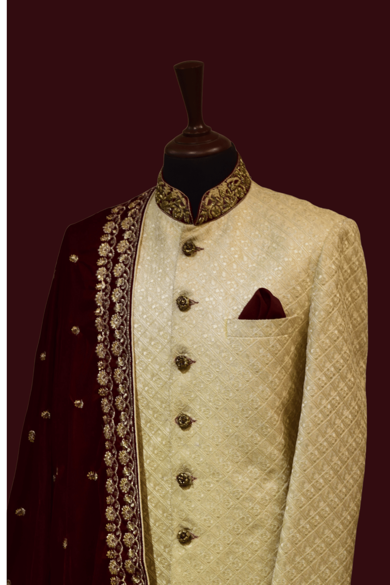 MC 523 Men's White Sherwani with Maroon Shawl for Wedding - Mashal Couture