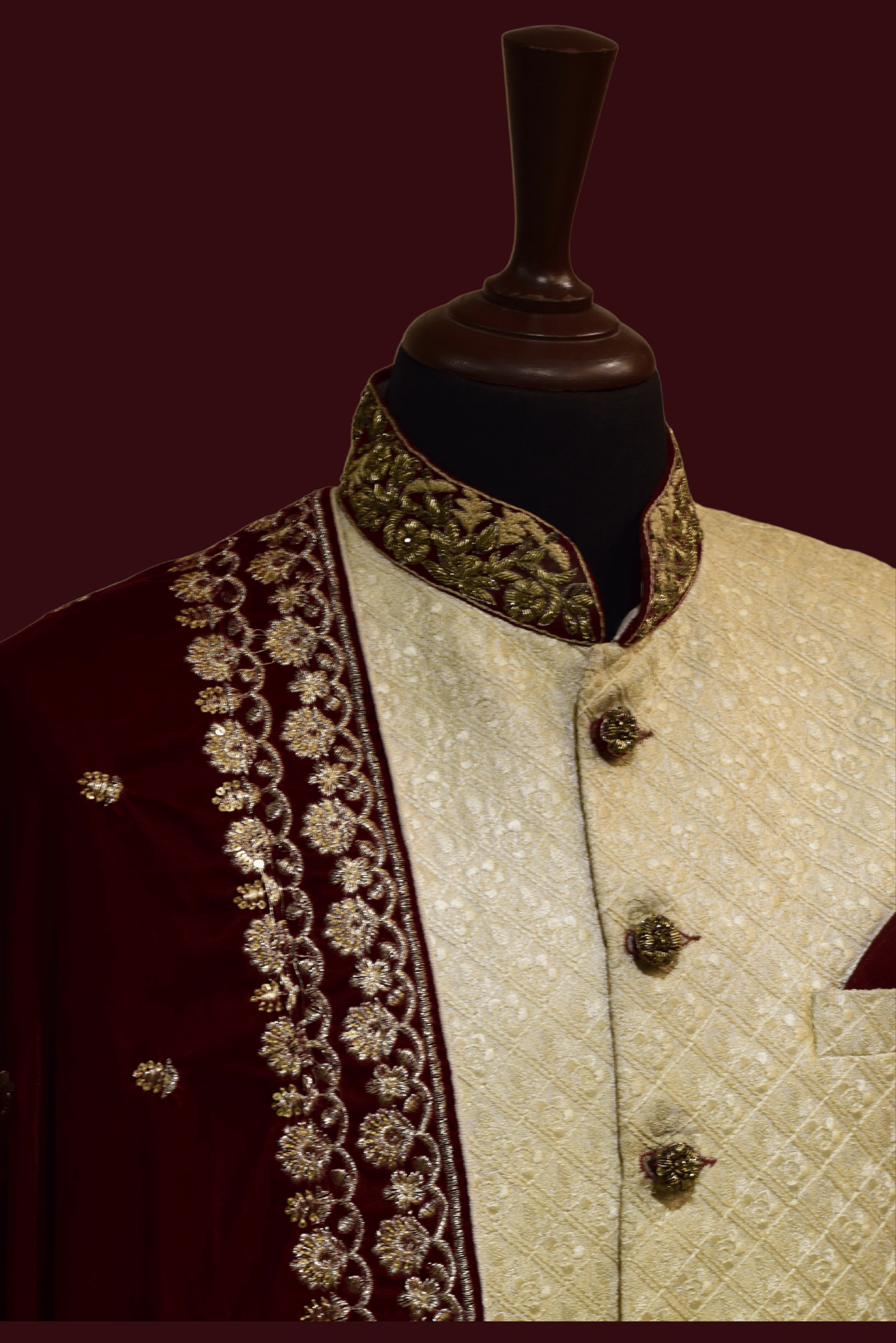 MC 523 Men's White Sherwani with Maroon Shawl for Wedding - Mashal Couture