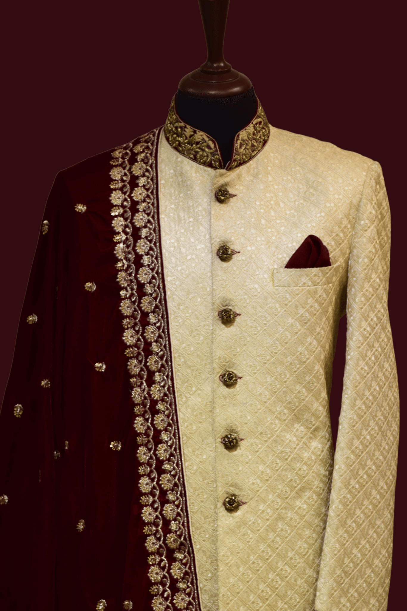 MC 523 Men's White Sherwani with Maroon Shawl for Wedding - Mashal Couture