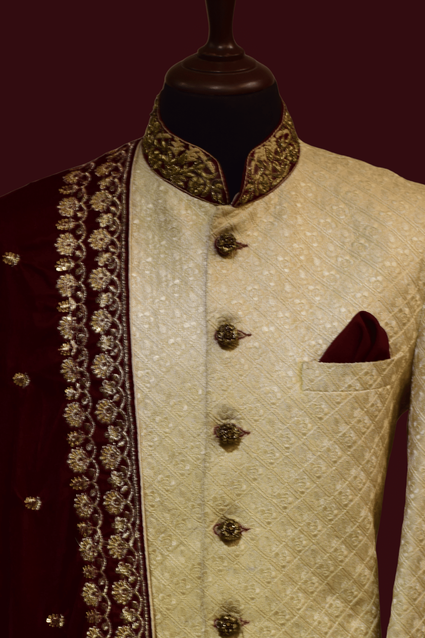 MC 523 Men's White Sherwani with Maroon Shawl for Wedding - Mashal Couture