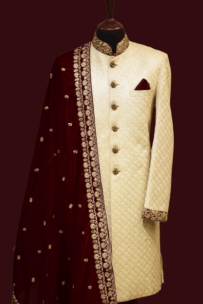 MC 523 Men's White Sherwani with Maroon Shawl for Wedding - Mashal Couture