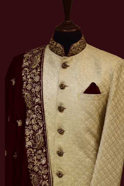 MC 01 Maroon Shawl and Sherwani for Men - Mashal Couture