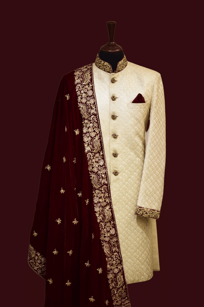 MC 01 Maroon Shawl and Sherwani for Men - Mashal Couture