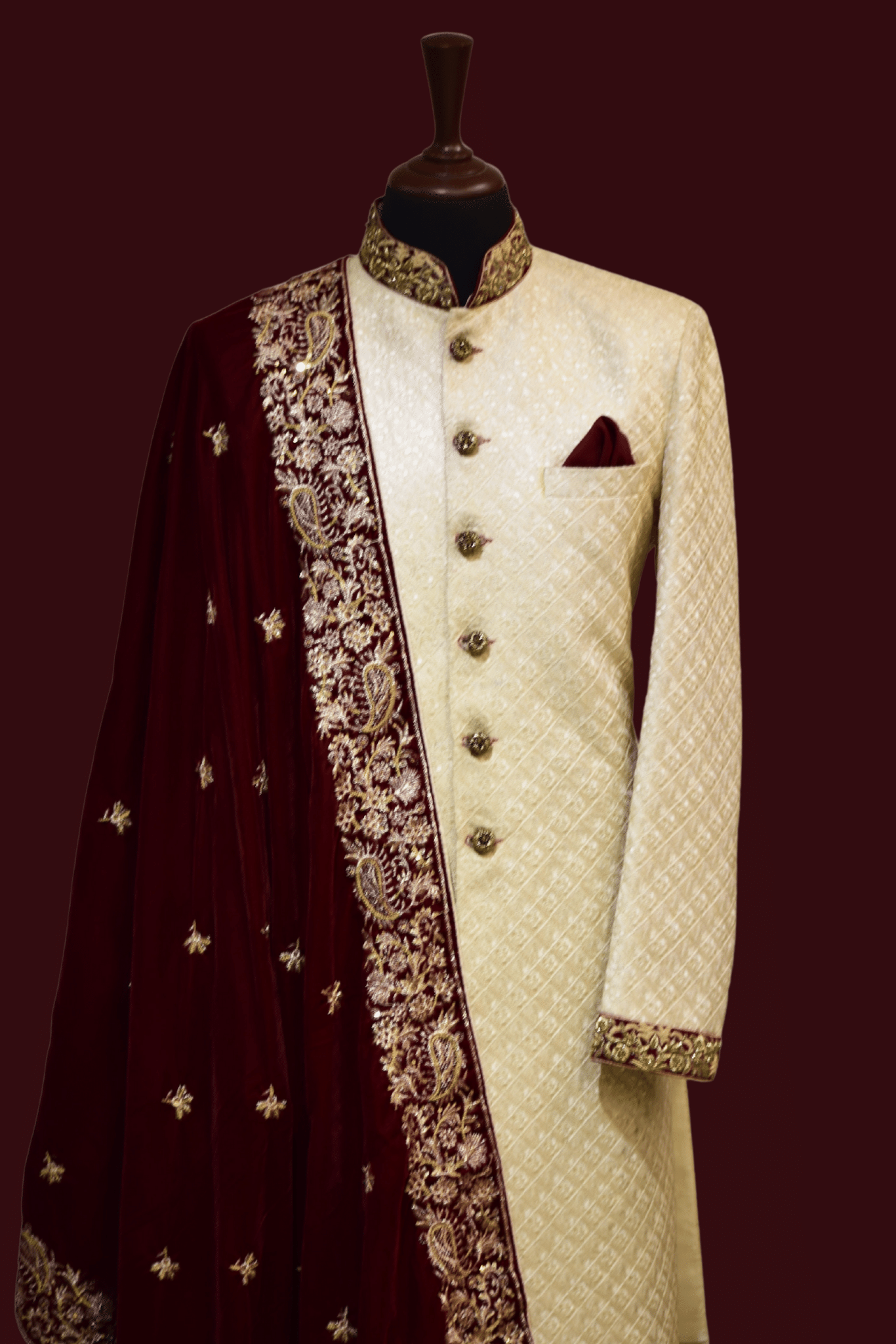 MC 01 Maroon Shawl and Sherwani for Men - Mashal Couture