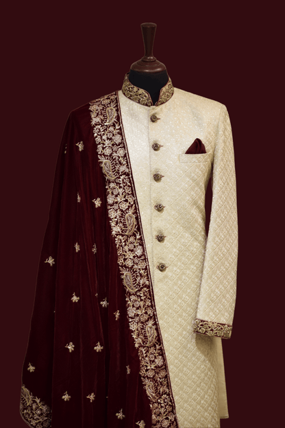 MC 01 Maroon Shawl and Sherwani for Men - Mashal Couture