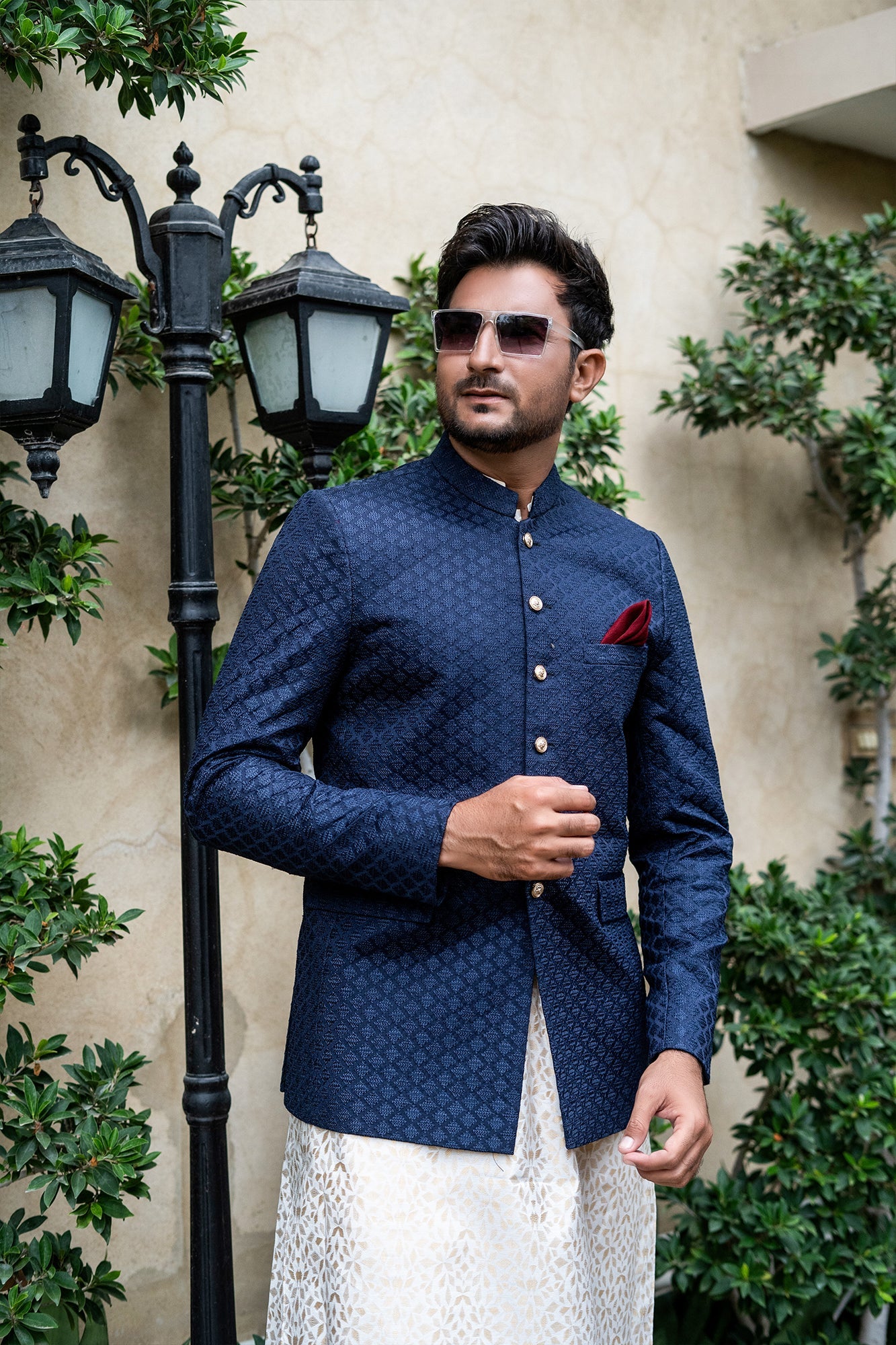 MC 144 Navy Blue Prince Coat With Kurta Pajama - Mashal Couture