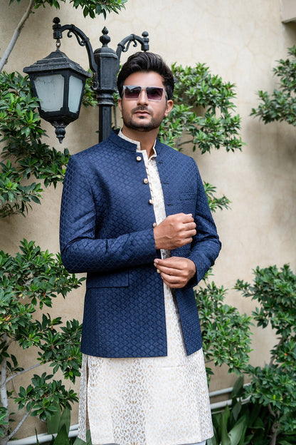 MC 144 Navy Blue Prince Coat With Kurta Pajama - Mashal Couture