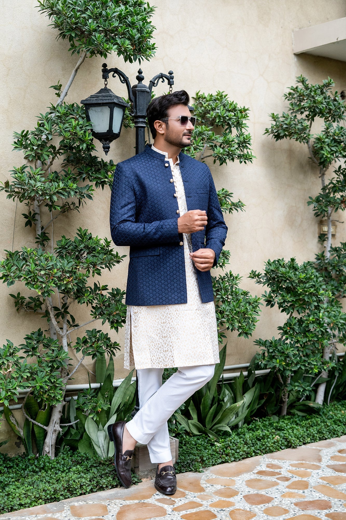 MC 144 Navy Blue Prince Coat With Kurta Pajama Mashal Couture