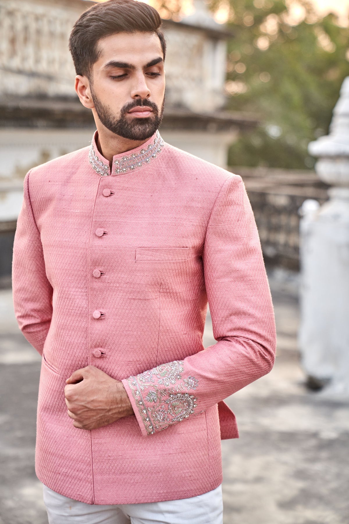 Prince's Zari Coat - MC 108 Pink for Men at MashalCouture.com