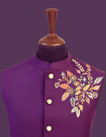 MC 114 Purple Embroidered Waistcoat for Men