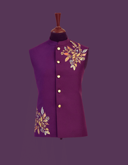 MC 114 Purple Embroidered Waistcoat for Men