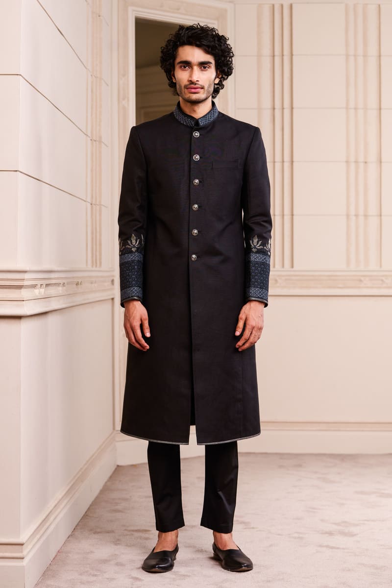 MC 509 Black Raw Silk Sherwani For Men's - Mashal Couture