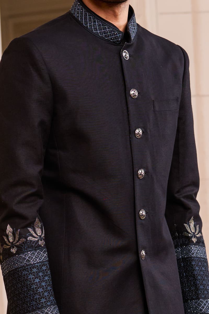 MC 509 Black Raw Silk Sherwani For Men's - Mashal Couture