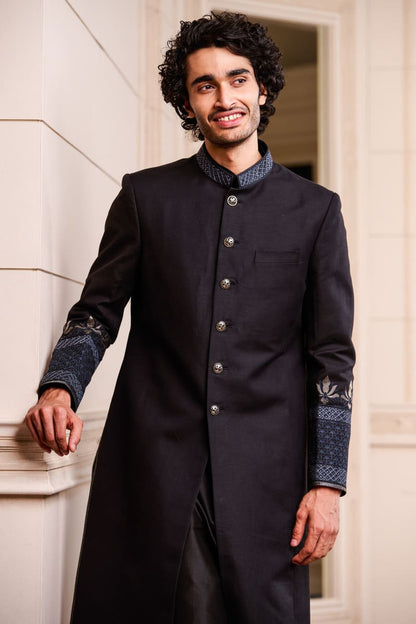 MC 509 Black Raw Silk Sherwani For Men's - Mashal Couture