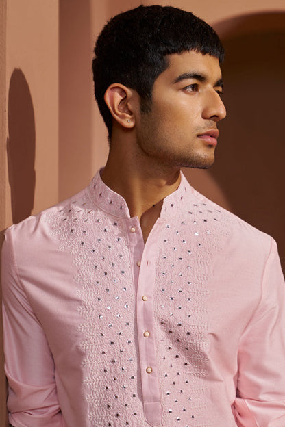 MC KP 13 Powder Pink Mirror Kurta Pajama For Men - Mashal Couture