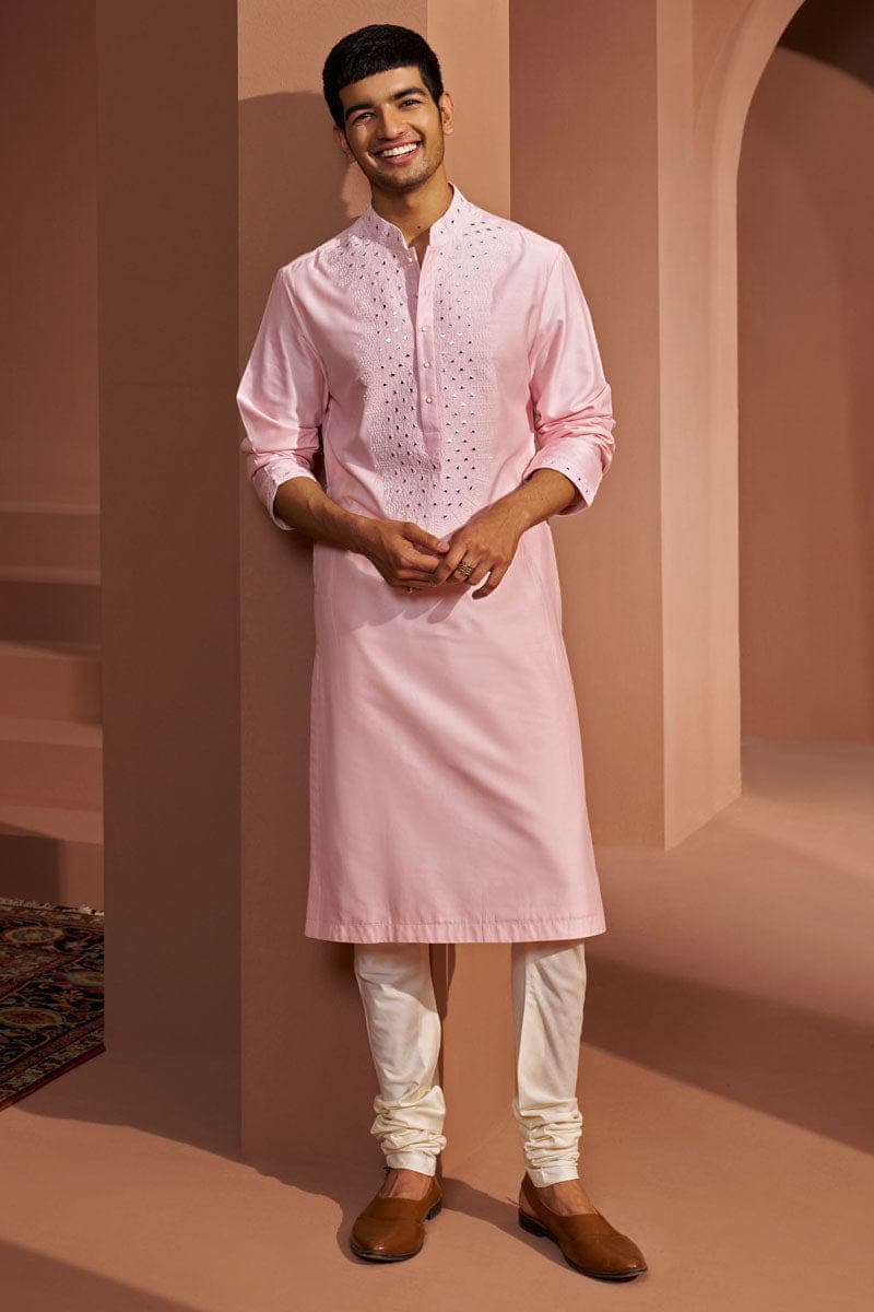 MC KP 13 Powder Pink Mirror Kurta Pajama For Men - Mashal Couture