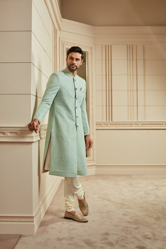 MC 505 Pastel Green Sherwani For Men's at MashalCouture.com