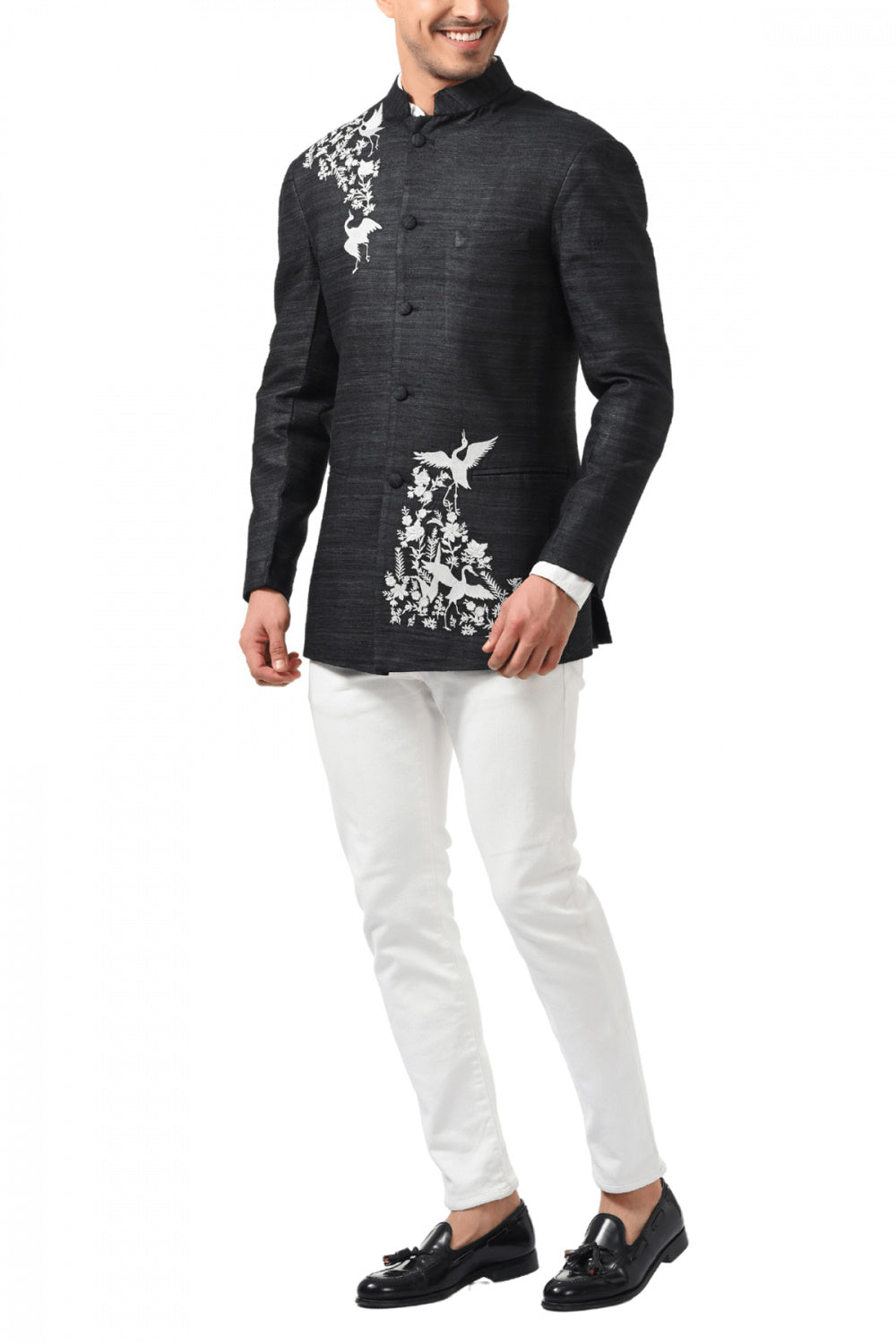 Men's MC 111 Black Bird Embroidery Prince Coat - Available at MashalCouture.com