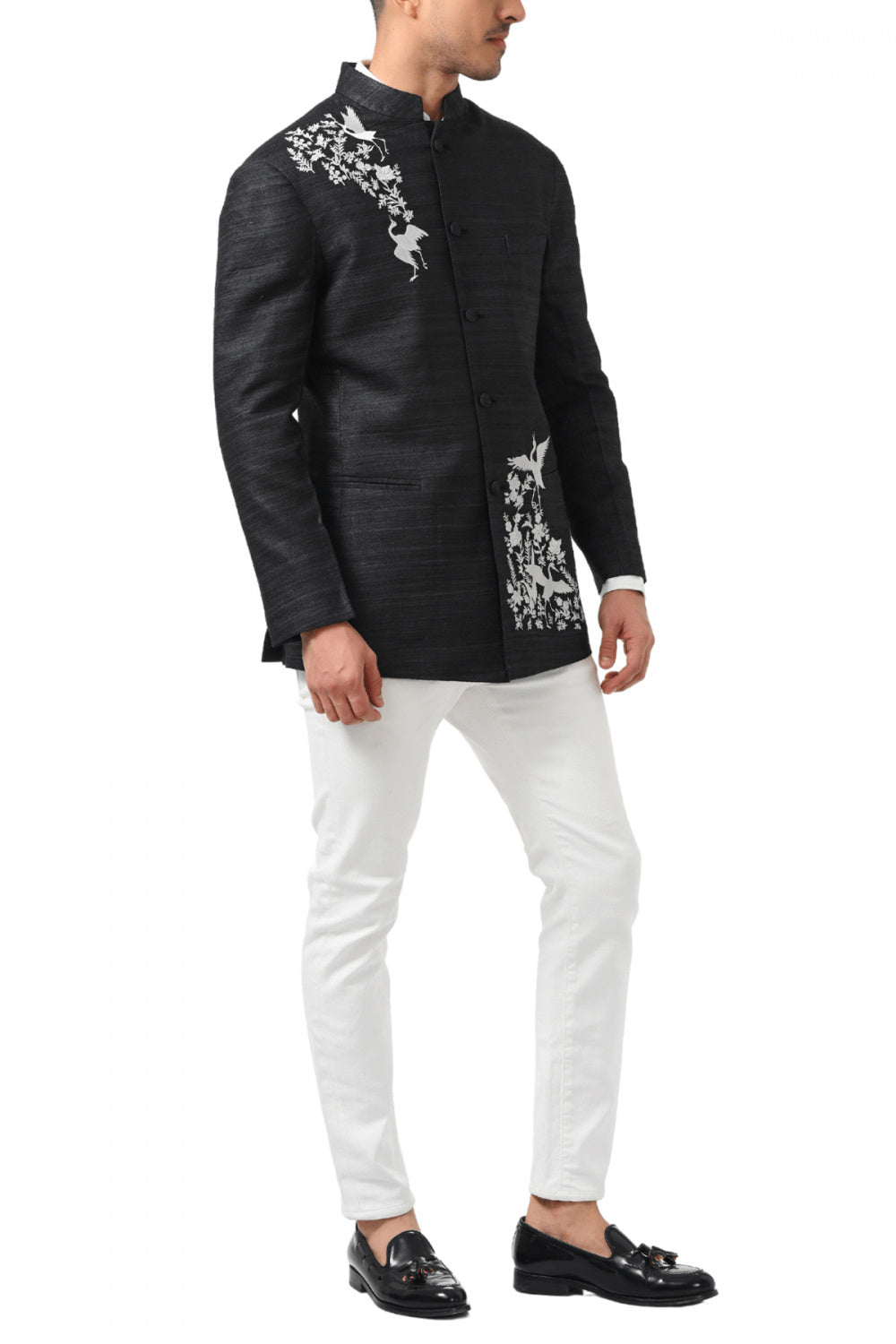 Elegant MC 111 Black Bird Embroidery Prince Coat for Men - MashalCouture.com