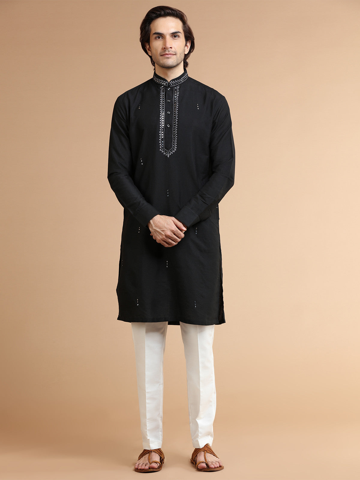 Classic Black Embroidered Kurta and White Trouser - MC FS 03