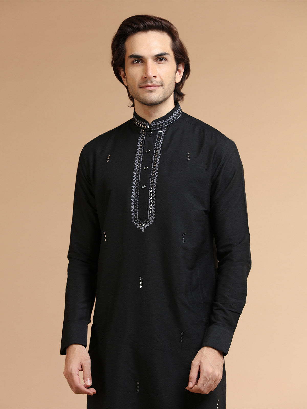 MC FS 03 Stylish Black Embroidered Kurta and White Trouser Set