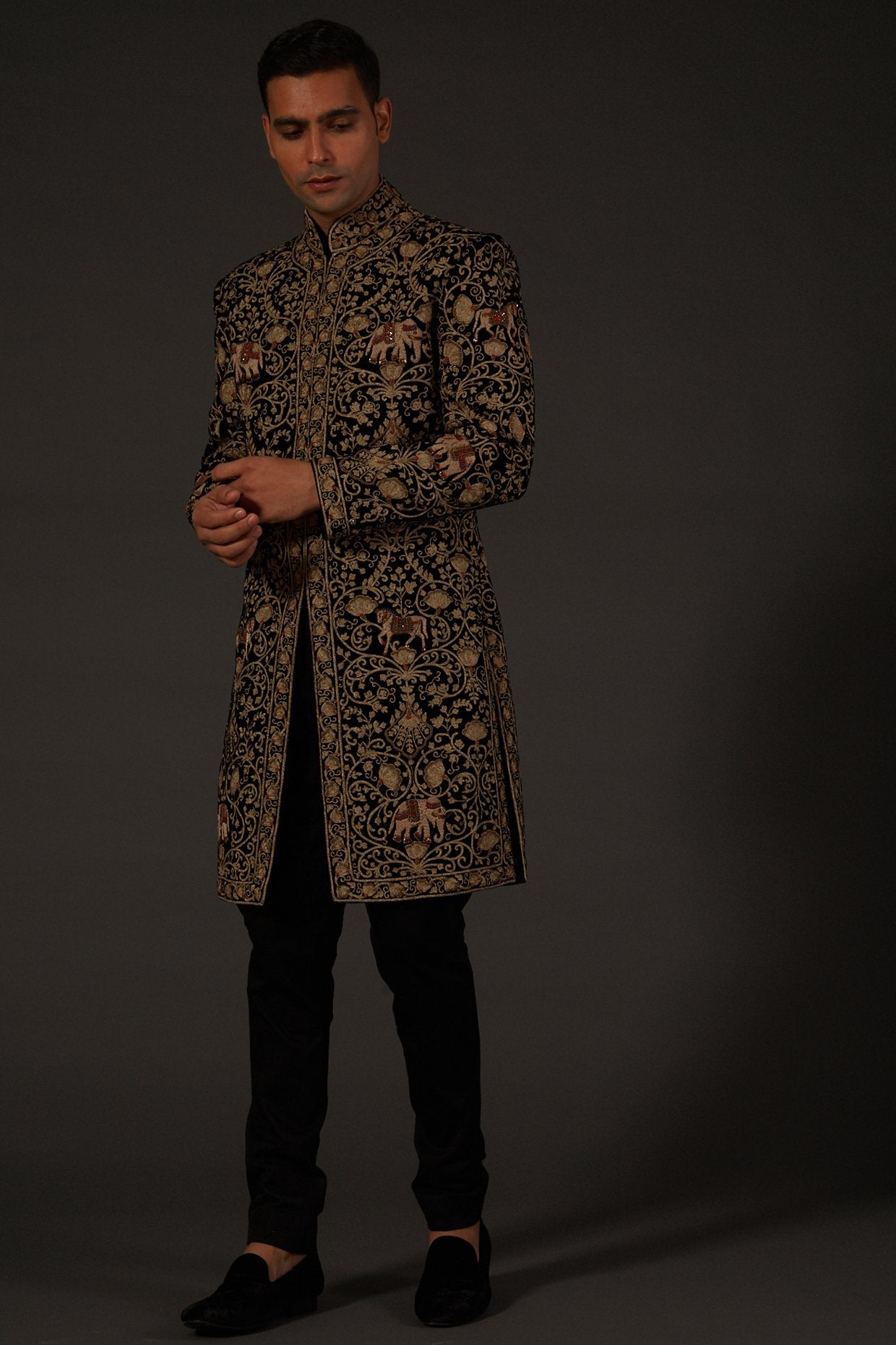 MC 531 Hand Work Mens Black Sherwani Wedding - Mashal Couture