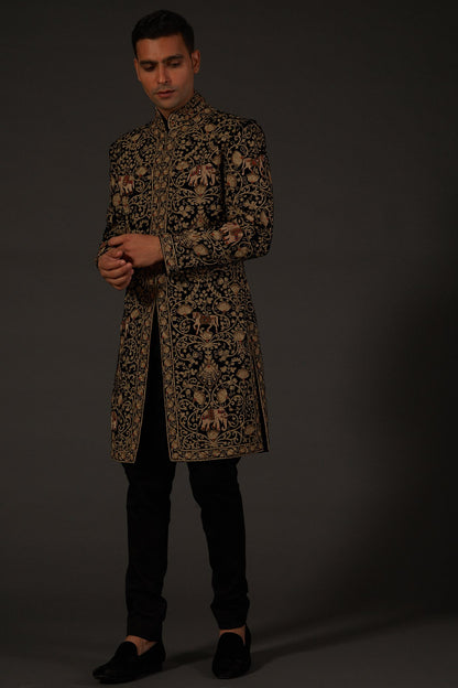 MC 531 Hand Work Mens Black Sherwani Wedding - Mashal Couture