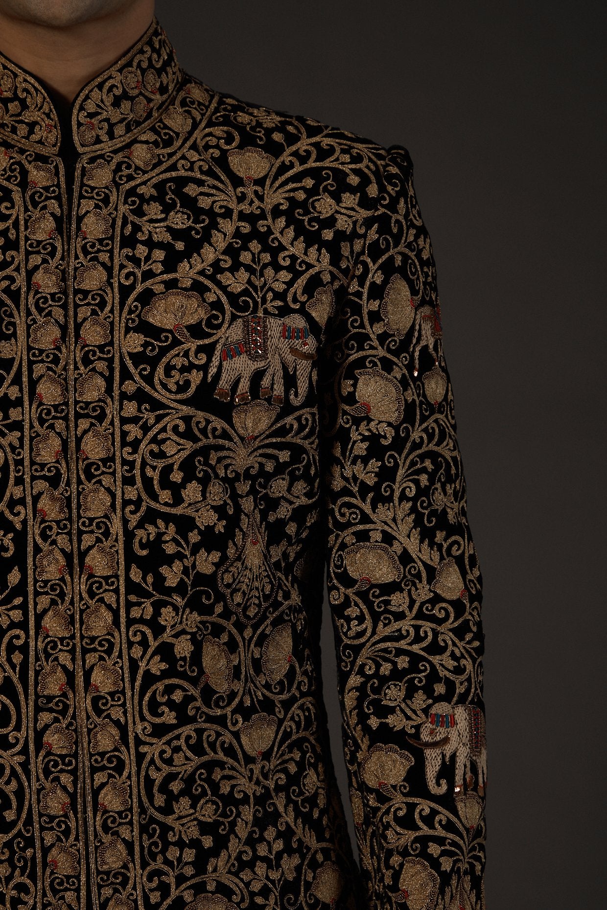 MC 531 Hand Work Mens Black Sherwani Wedding - Mashal Couture