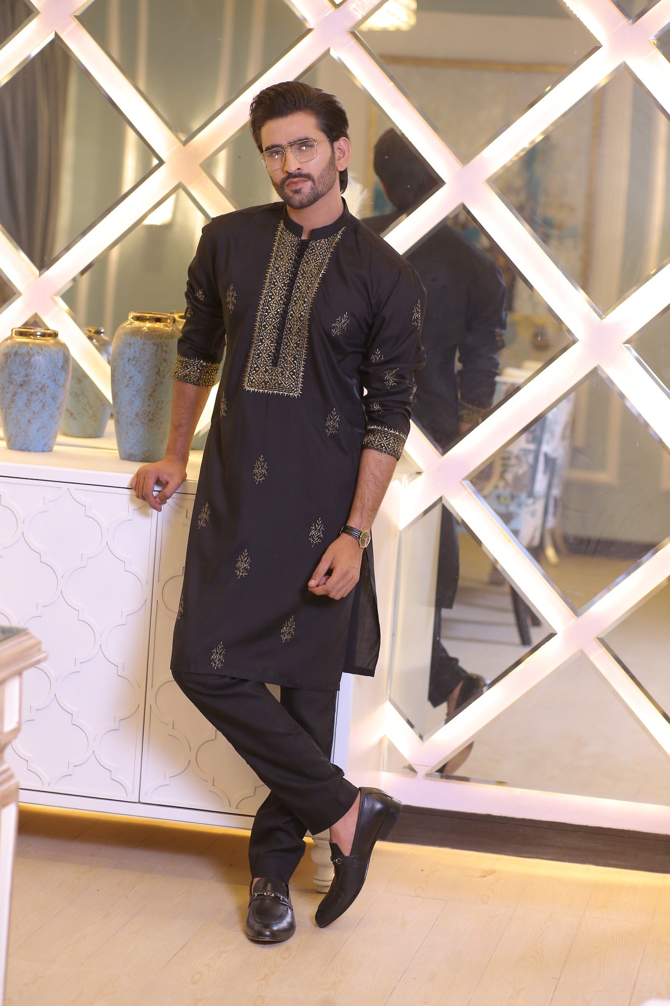 Black kurta golden pajama sale