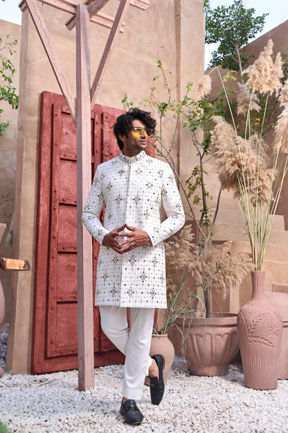 MC 553 White Mirror Work Mens Wedding Sherwani - Mashal Couture