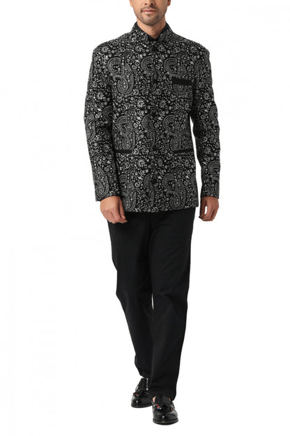 Prince Coat - MC 115 Black & White with Paisley Embroidery at MashalCouture.com