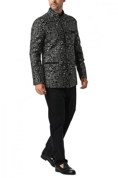 MC 115 Black & White Paisley Embroidered Prince Coat - Explore at MashalCouture.com