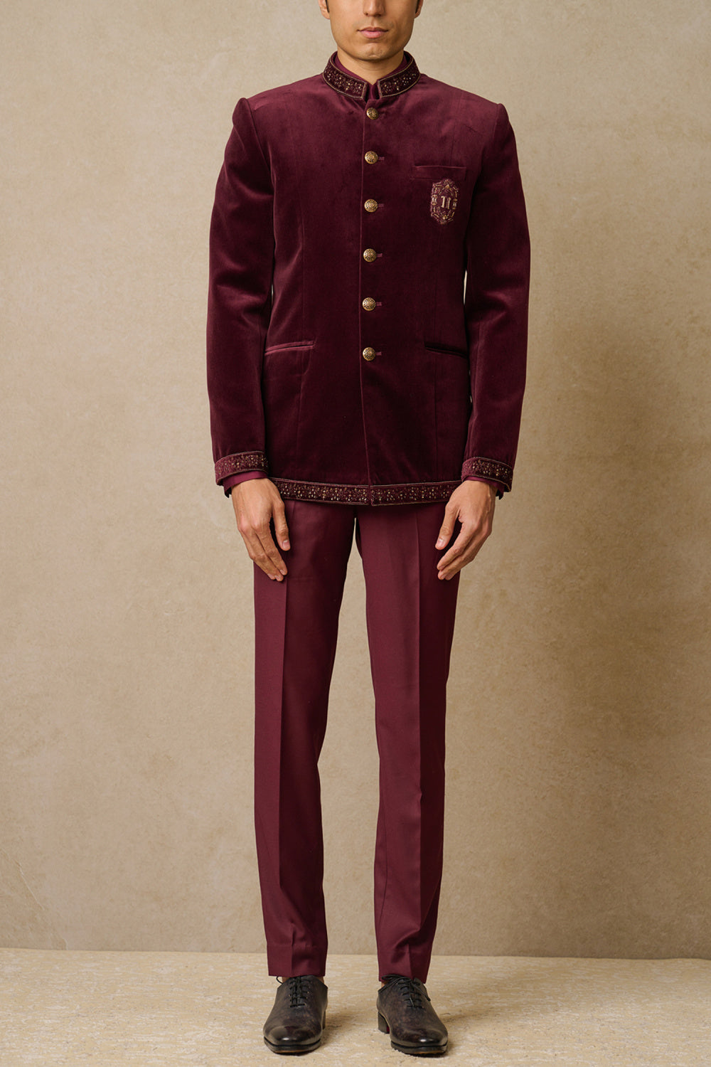 Prince Coat - MC 107 Men's Fashion in Wine Embroidered Velvet
