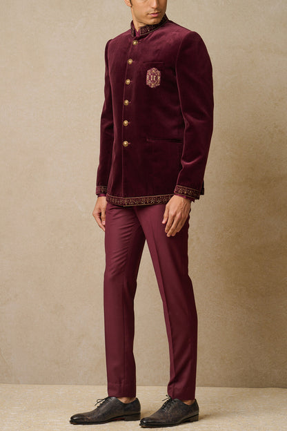 MC 107 Men's Prince Coat - Wine with Stylish Embroidery on Velvet