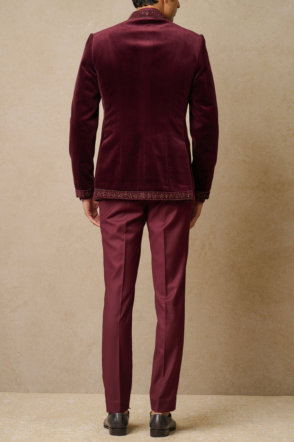 Elegant MC 107 Wine Embroidered Velvet Prince Coat for Men