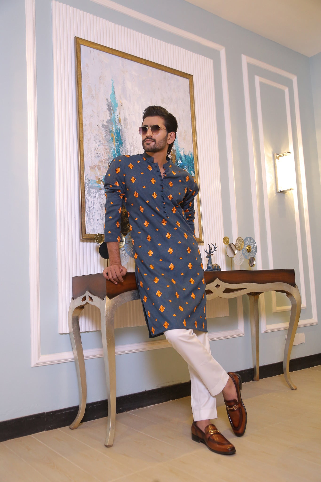 CK 19 Green Chikankari Embroidered Kurta For Men