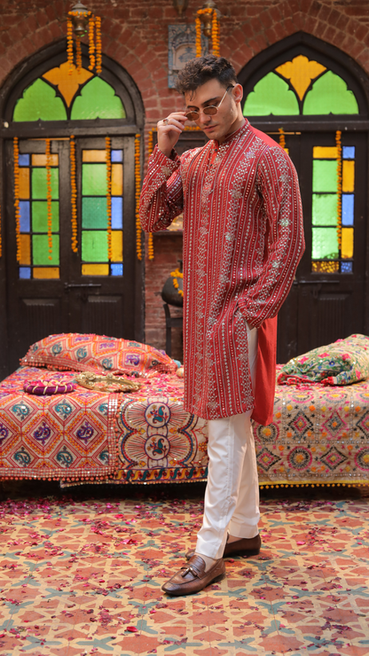 Maroon Mirror Work Kurta For Men