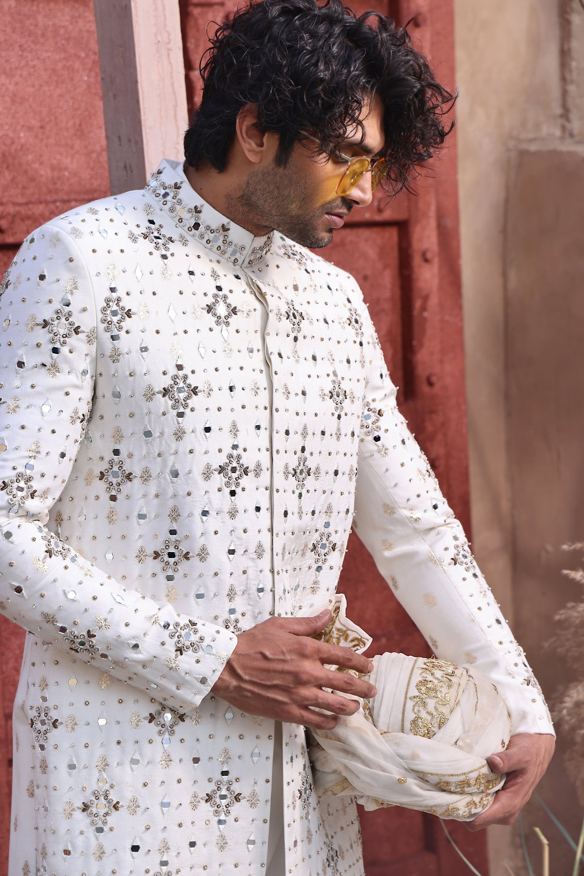 MC 553 White Mirror Work Mens Wedding Sherwani - Mashal Couture