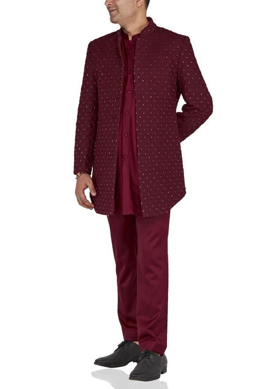 MC 110 Maroon Cut Daman Silver Zari Embroidered Prince Coat - Mashal Couture