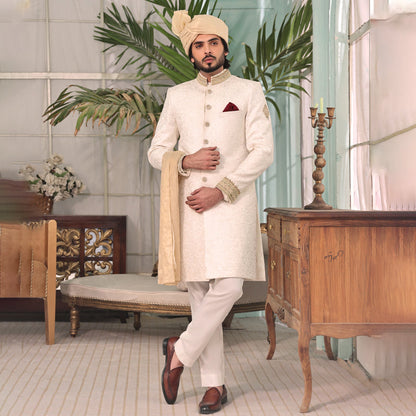 MC 556 Mens White Sherwani For Wedding - Mashal Couture