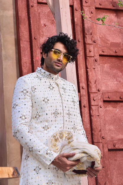 MC 553 White Mirror Work Mens Wedding Sherwani - Mashal Couture