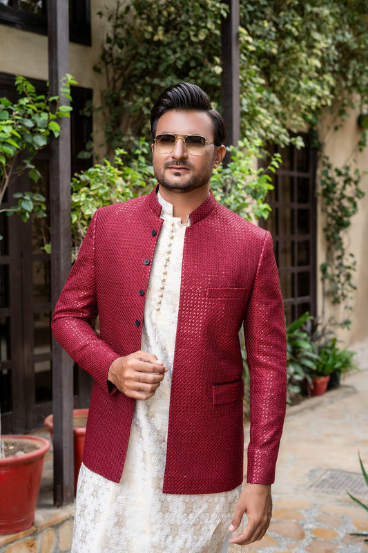 Pakistani Men Maroon Sequance Prince Coat