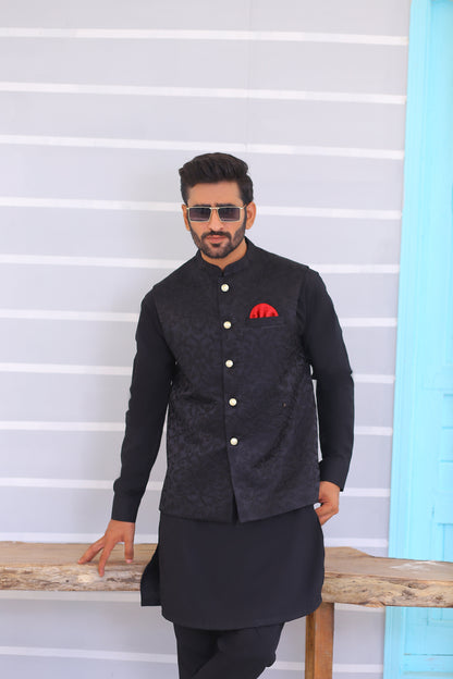 mens black pakistani waistcoat With Golden Button